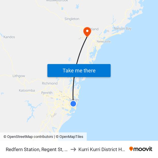 Redfern Station, Regent St, Stand C to Kurri Kurri District Hospital map
