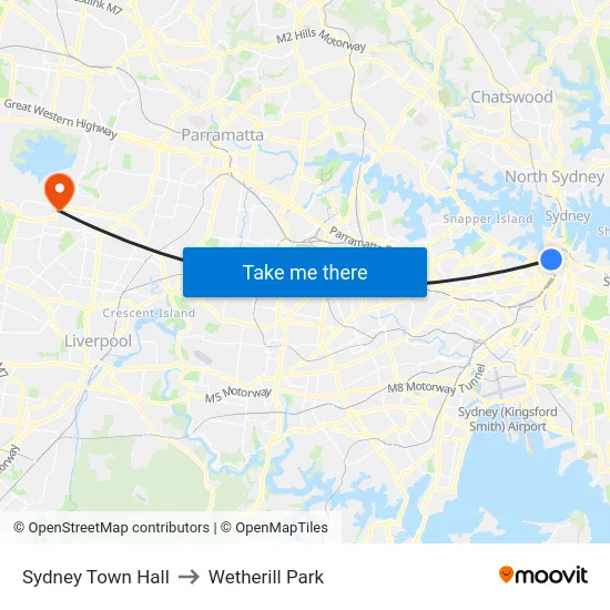 Sydney Town Hall to Wetherill Park map
