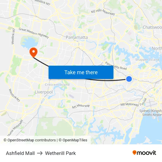 Ashfield Mall to Wetherill Park map