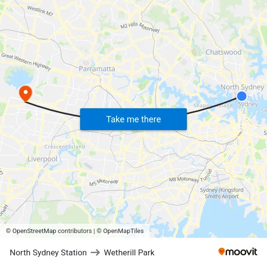 North Sydney Station to Wetherill Park map