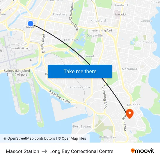 Mascot Station to Long Bay Correctional Centre map