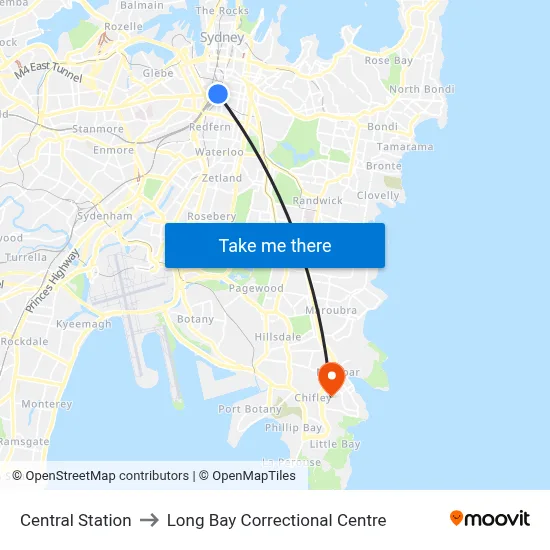 Central Station to Long Bay Correctional Centre map