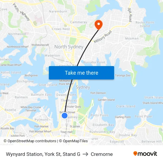 Wynyard Station, York St, Stand G to Cremorne map