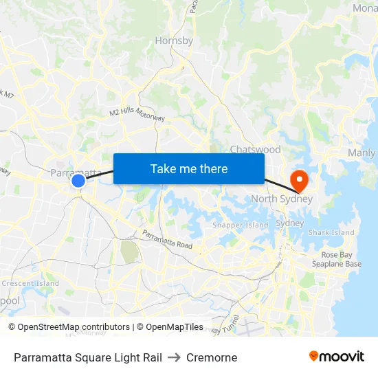 Parramatta Square Light Rail to Cremorne map