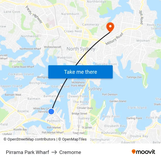 Pirrama Park Wharf to Cremorne map