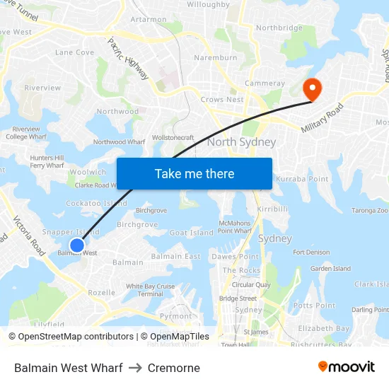 Balmain West Wharf to Cremorne map