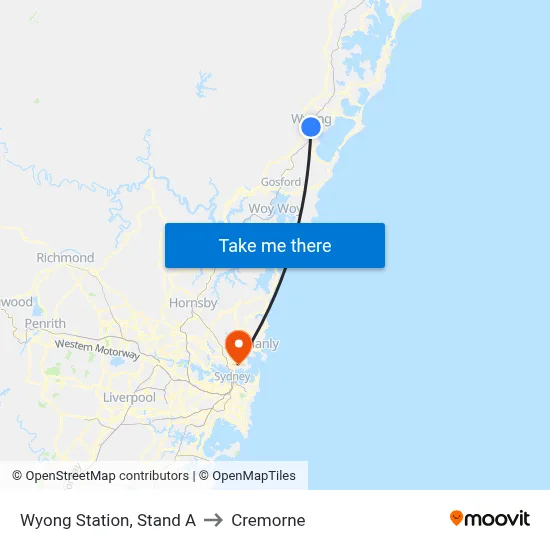 Wyong Station, Stand A to Cremorne map