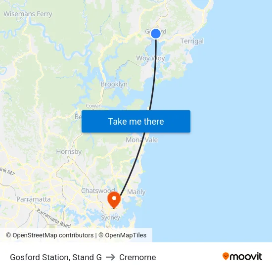 Gosford Station, Stand G to Cremorne map