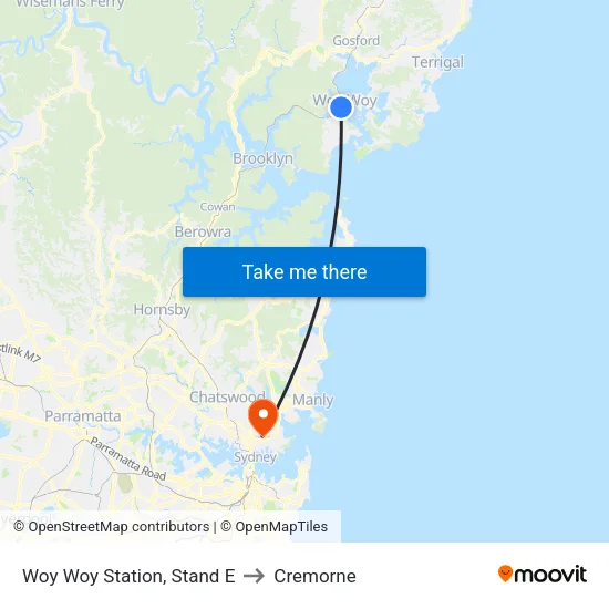 Woy Woy Station, Stand E to Cremorne map