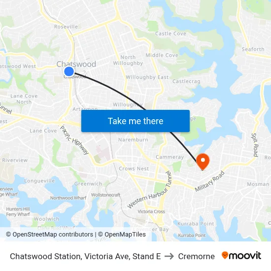 Chatswood Station, Victoria Ave, Stand E to Cremorne map