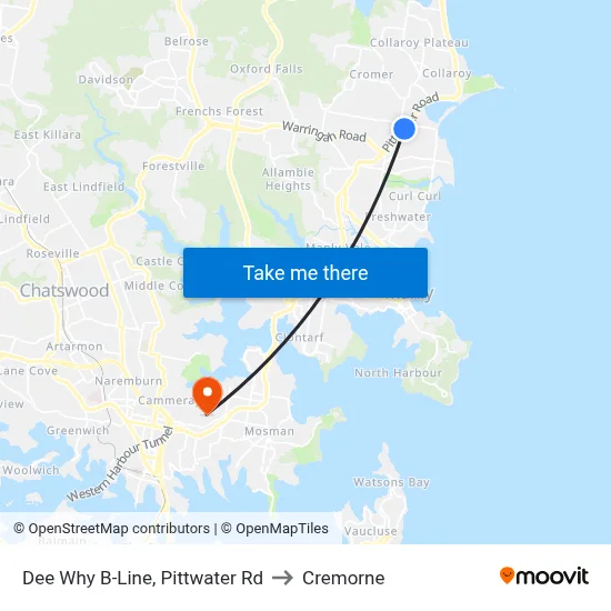 Dee Why B-Line, Pittwater Rd to Cremorne map