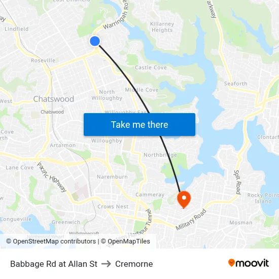Babbage Rd at Allan St to Cremorne map