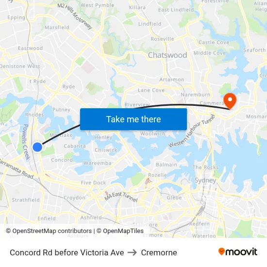 Concord Rd before Victoria Ave to Cremorne map