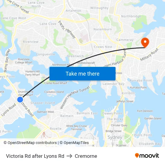 Victoria Rd after Lyons Rd to Cremorne map
