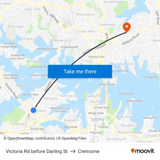 Victoria Rd before Darling St to Cremorne map