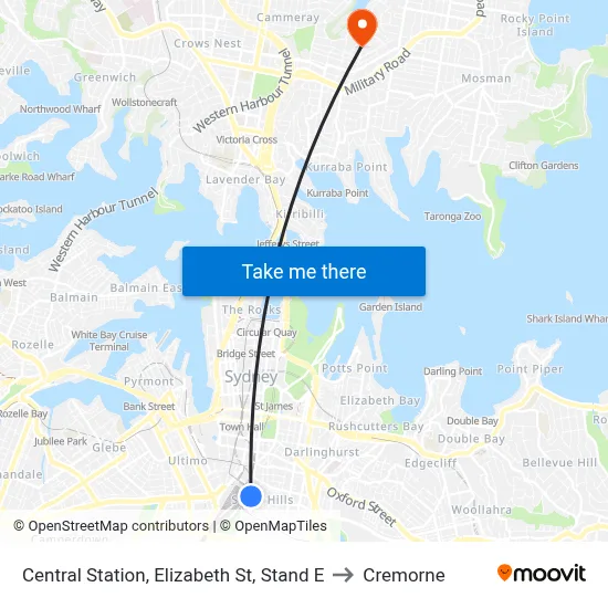 Central Station, Elizabeth St, Stand E to Cremorne map