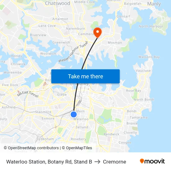 Waterloo Station, Botany Rd, Stand B to Cremorne map