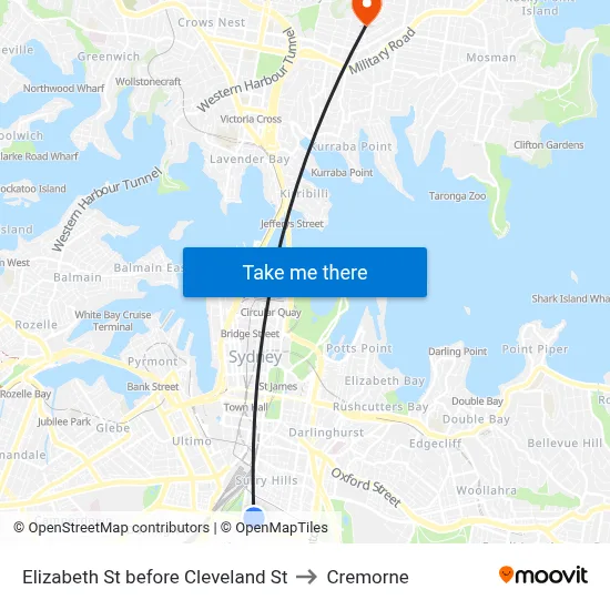 Elizabeth St before Cleveland St to Cremorne map