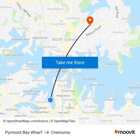Pyrmont Bay Wharf to Cremorne map