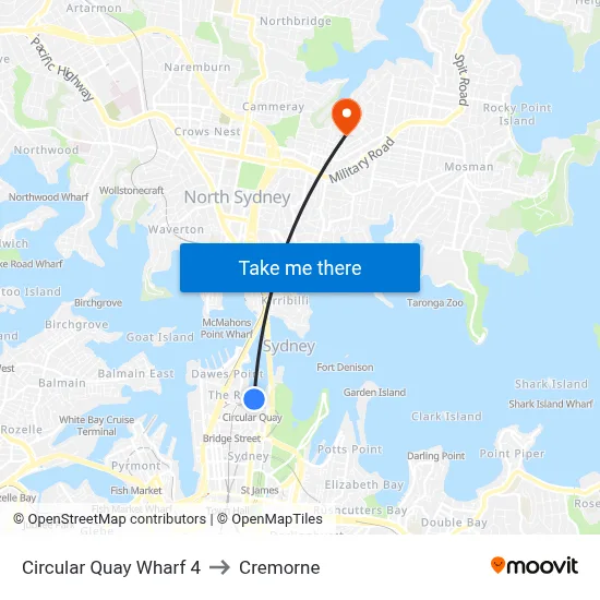 Circular Quay Wharf 4 to Cremorne map