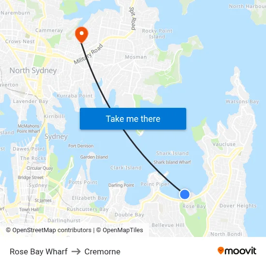 Rose Bay Wharf to Cremorne map