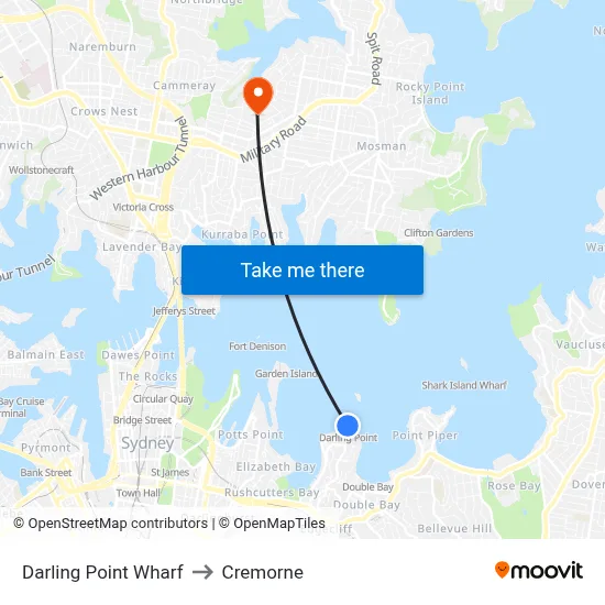 Darling Point Wharf to Cremorne map