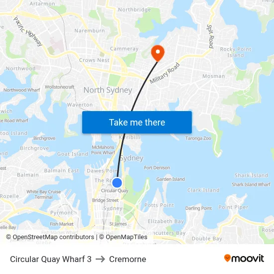 Circular Quay Wharf 3 to Cremorne map