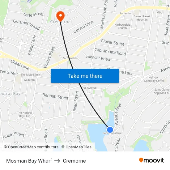 Mosman Bay Wharf to Cremorne map