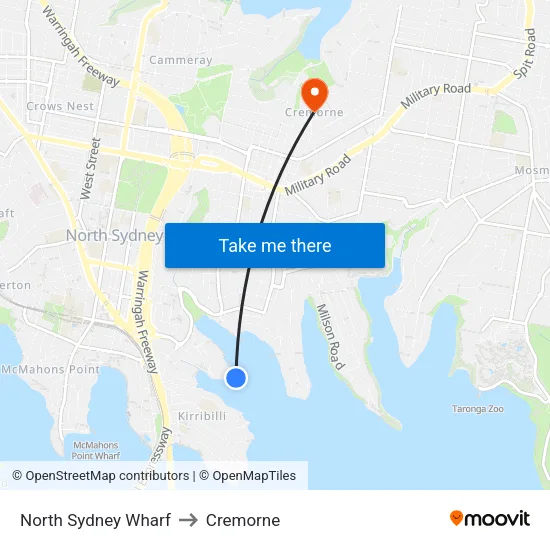North Sydney Wharf to Cremorne map
