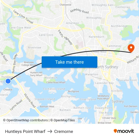 Huntleys Point Wharf to Cremorne map