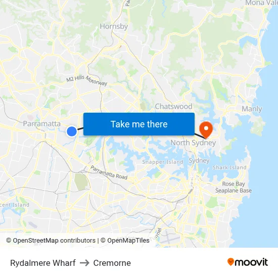 Rydalmere Wharf to Cremorne map