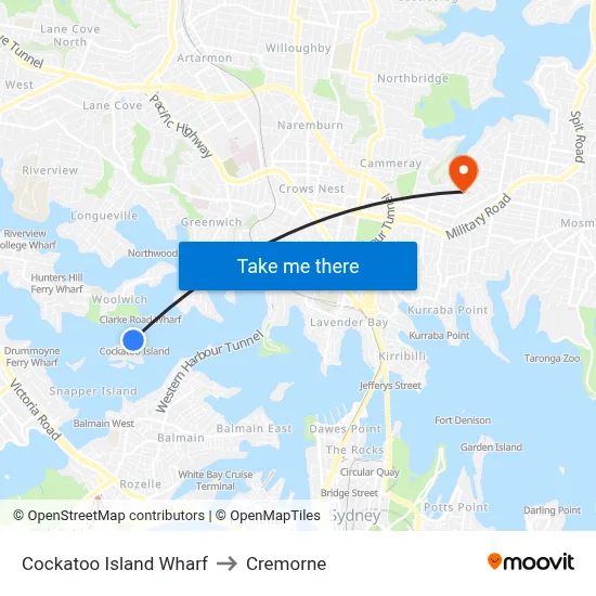 Cockatoo Island Wharf to Cremorne map