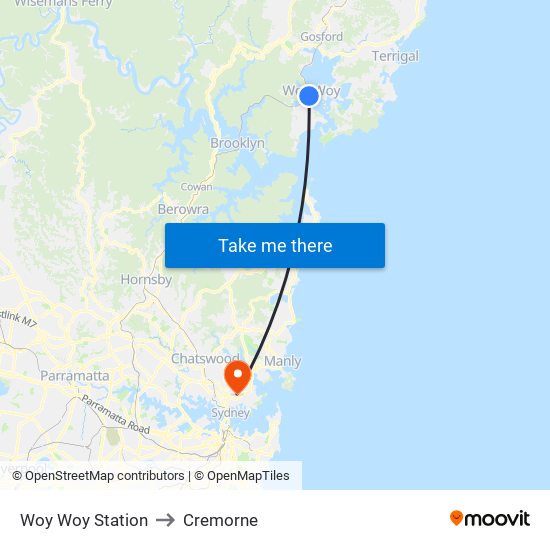 Woy Woy Station to Cremorne map
