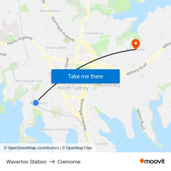 Waverton Station to Cremorne map
