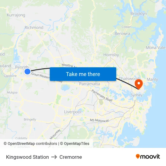 Kingswood Station to Cremorne map