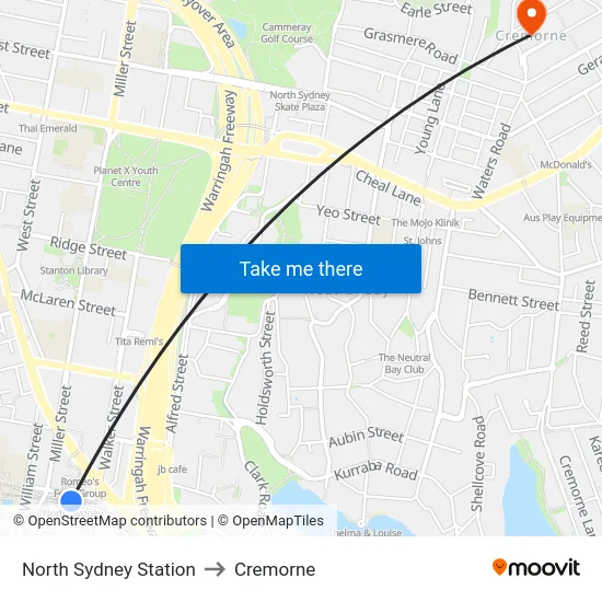 North Sydney Station to Cremorne map
