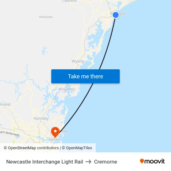 Newcastle Interchange Light Rail to Cremorne map
