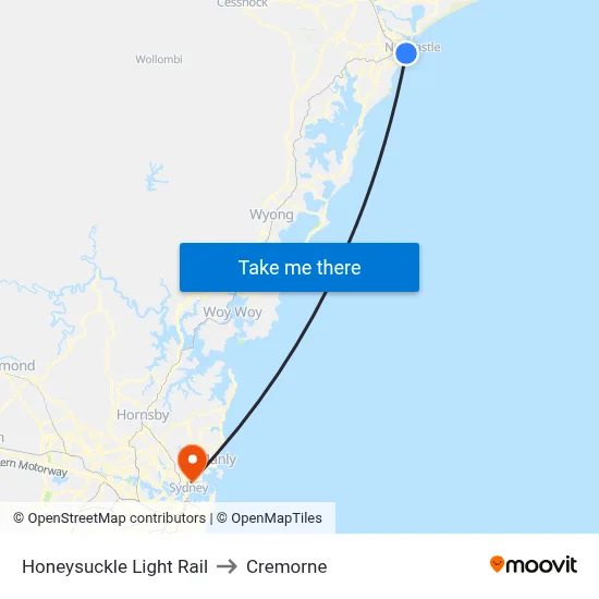 Honeysuckle Light Rail to Cremorne map