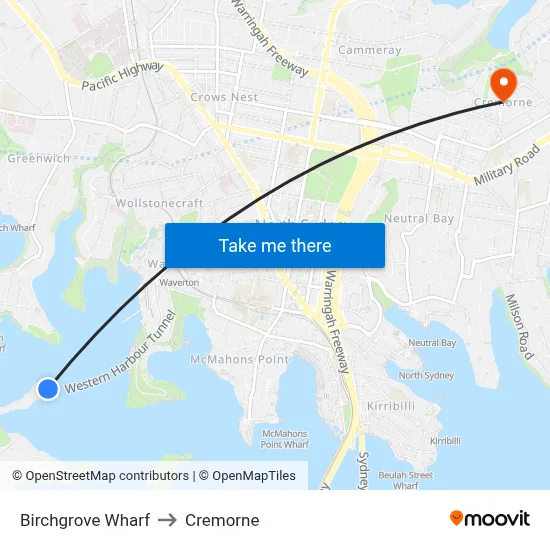Birchgrove Wharf to Cremorne map