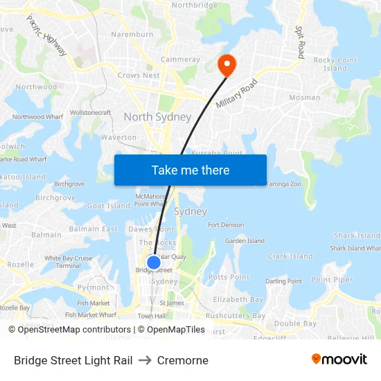 Bridge Street Light Rail to Cremorne map