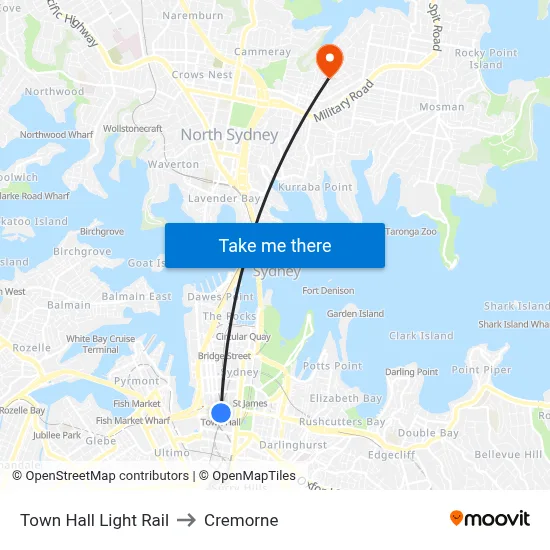 Town Hall Light Rail to Cremorne map