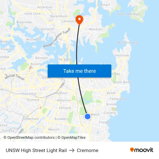 UNSW High Street Light Rail to Cremorne map