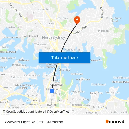 Wynyard Light Rail to Cremorne map