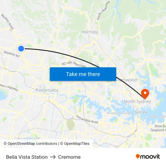 Bella Vista Station to Cremorne map
