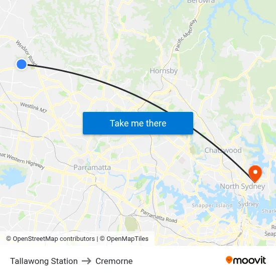 Tallawong Station to Cremorne map
