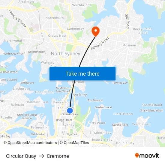 Circular Quay to Cremorne map