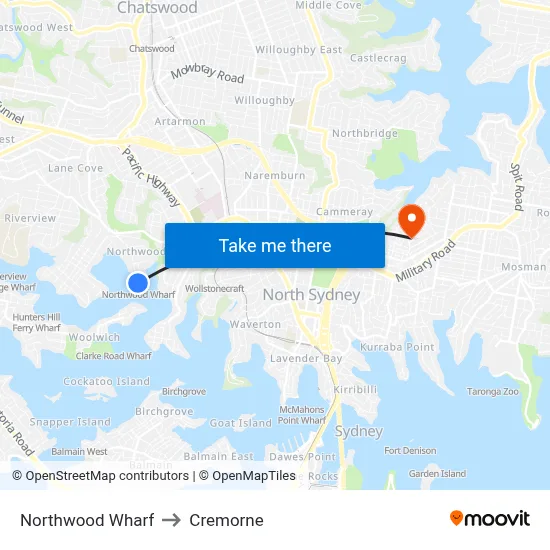 Northwood Wharf to Cremorne map