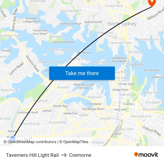 Taverners Hill Light Rail to Cremorne map