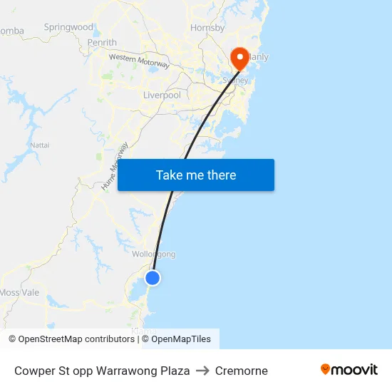 Cowper St opp Warrawong Plaza to Cremorne map