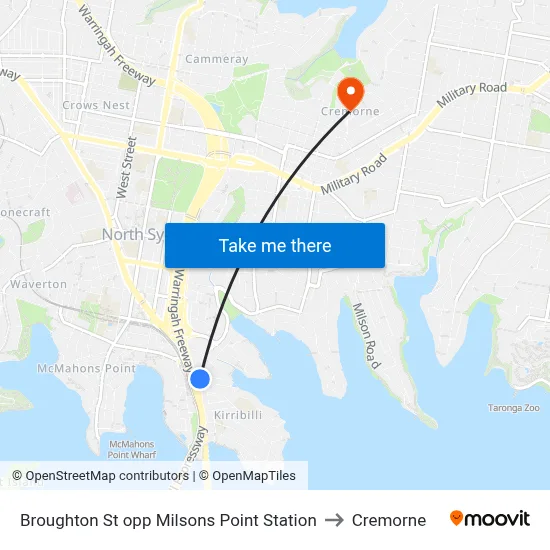Broughton St opp Milsons Point Station to Cremorne map